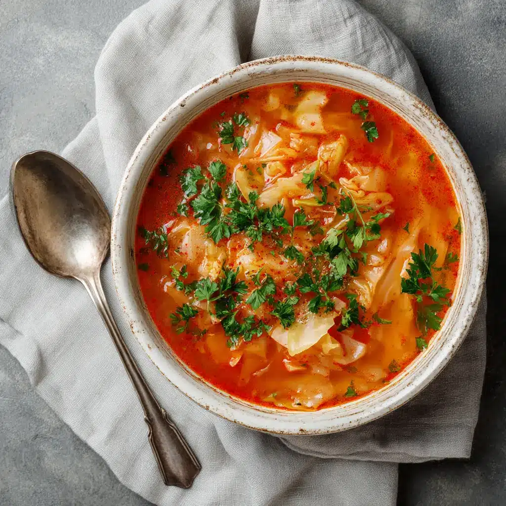 A close-up view of the detox cabbage soup simmering in a pot, with steam rising.