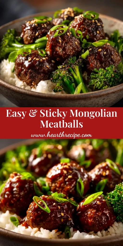 A top-down view of savory Mongolian Meatballs in a dark bowl, coated in a glossy sauce and garnished with green onions and sesame seeds.