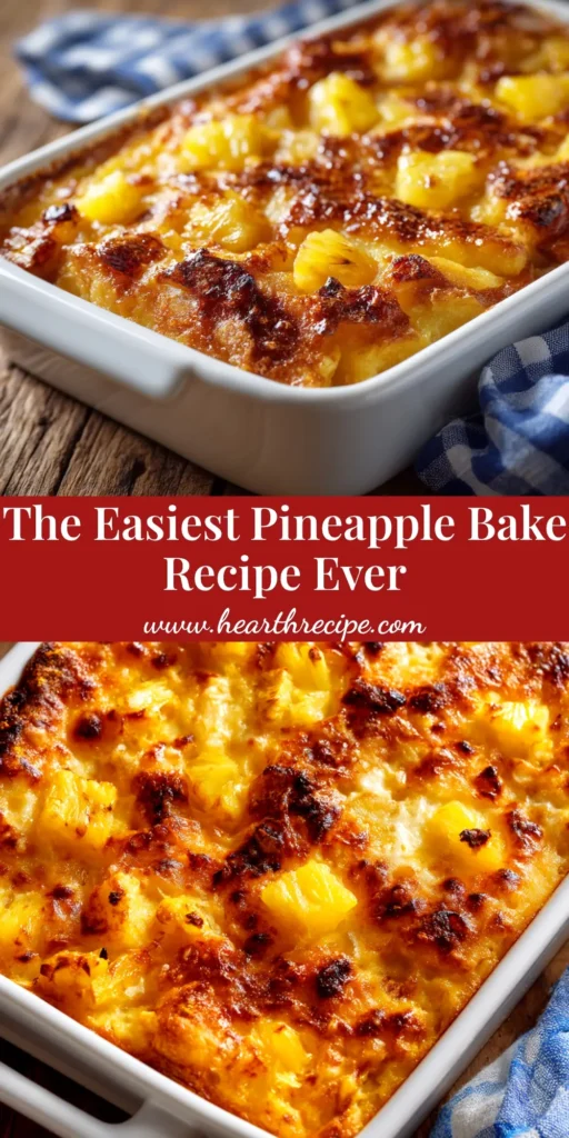 A golden brown Pineapple Bake in a white casserole dish, showing the bubbly pineapple filling and crispy cracker topping. The perfect easy side dish or dessert.