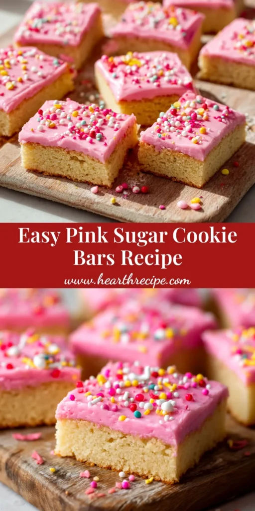 A tray of perfectly cut pink sugar cookie bars with creamy frosting and colorful sprinkles, ready to be shared. The easiest no-chill recipe.