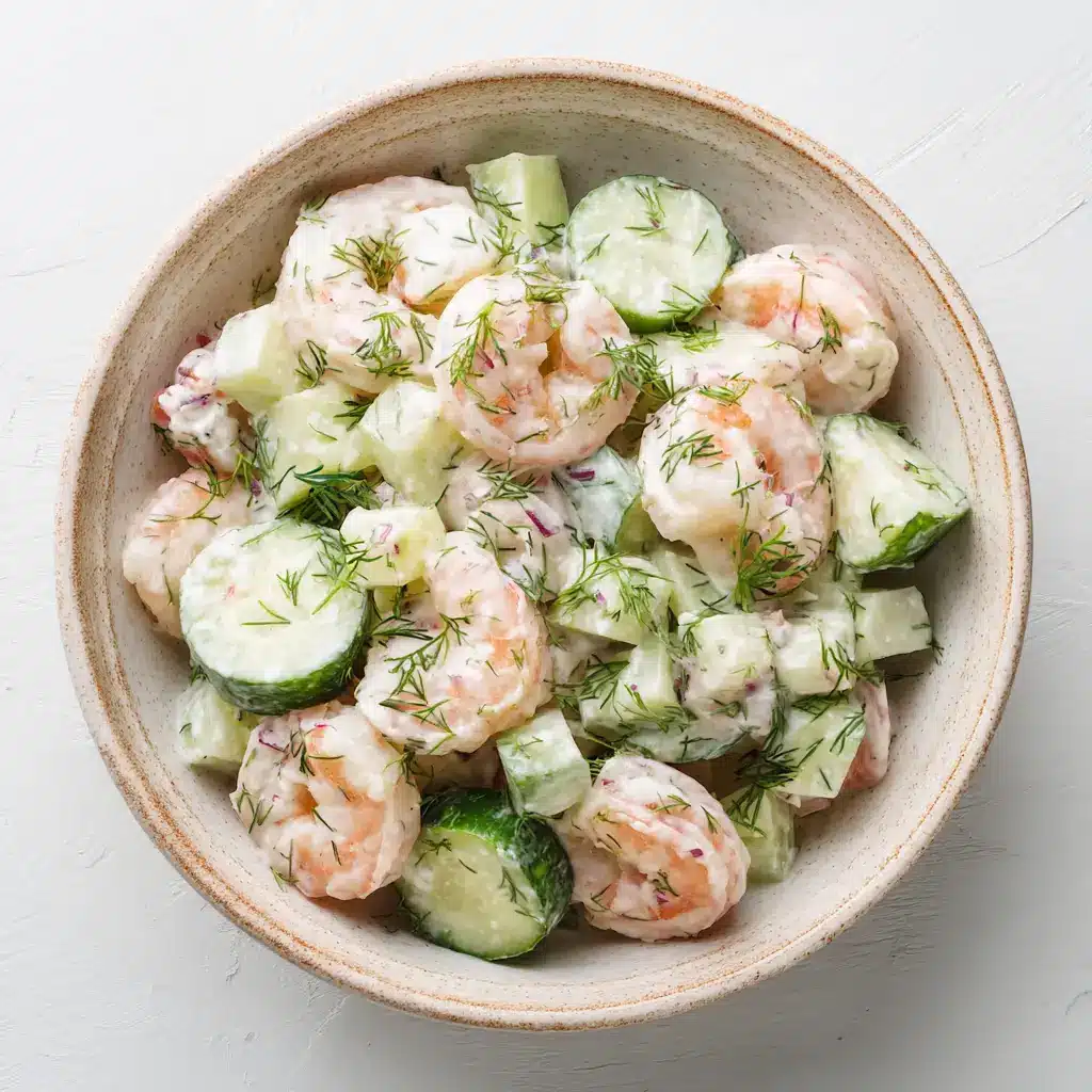 A spoonful of the finished cucumber and shrimp salad being lifted from a bowl, ready to be served. A healthy and easy shrimp salad recipe.
