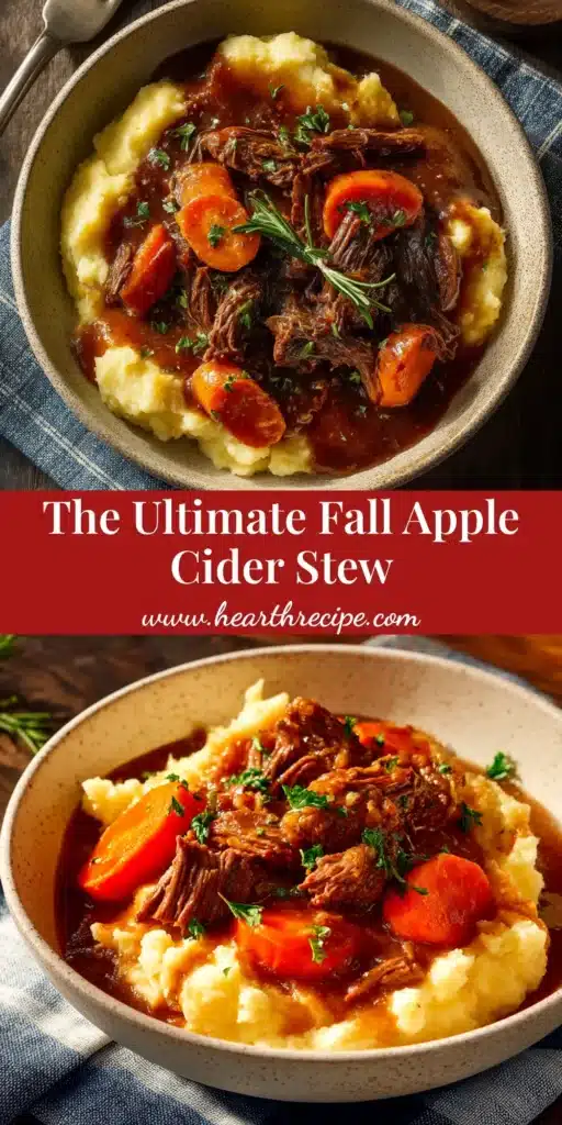 A close-up shot of a bowl of hearty Fall Apple Cider Stew, with tender beef, carrots, and potatoes in a rich, dark gravy, garnished with fresh herbs.