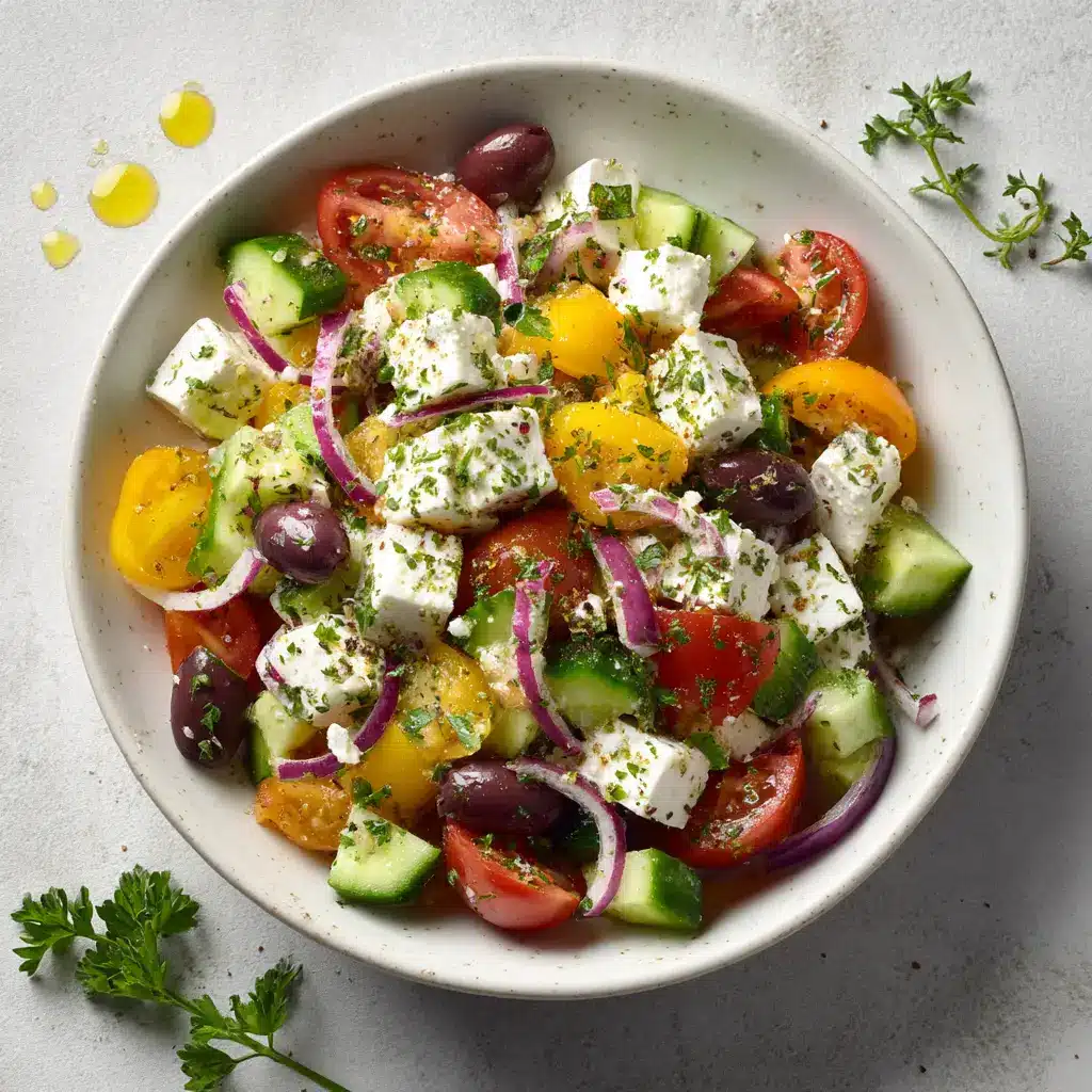A finished bowl of Greek cottage cheese salad, showing the creamy texture mixed with fresh vegetables from a side angle.