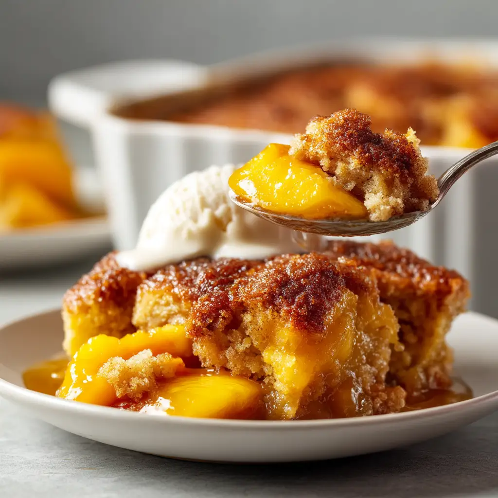 A beautiful shot of the finished 9x13 peach cobbler poke cake, ready to be served, topped with creamy frosting and peach pieces.