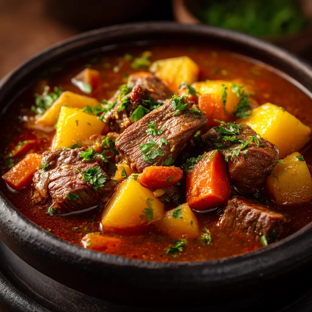 A spoonful of tender beef stew with potatoes and carrots, showcasing the rich and thick broth of the finished dish.
