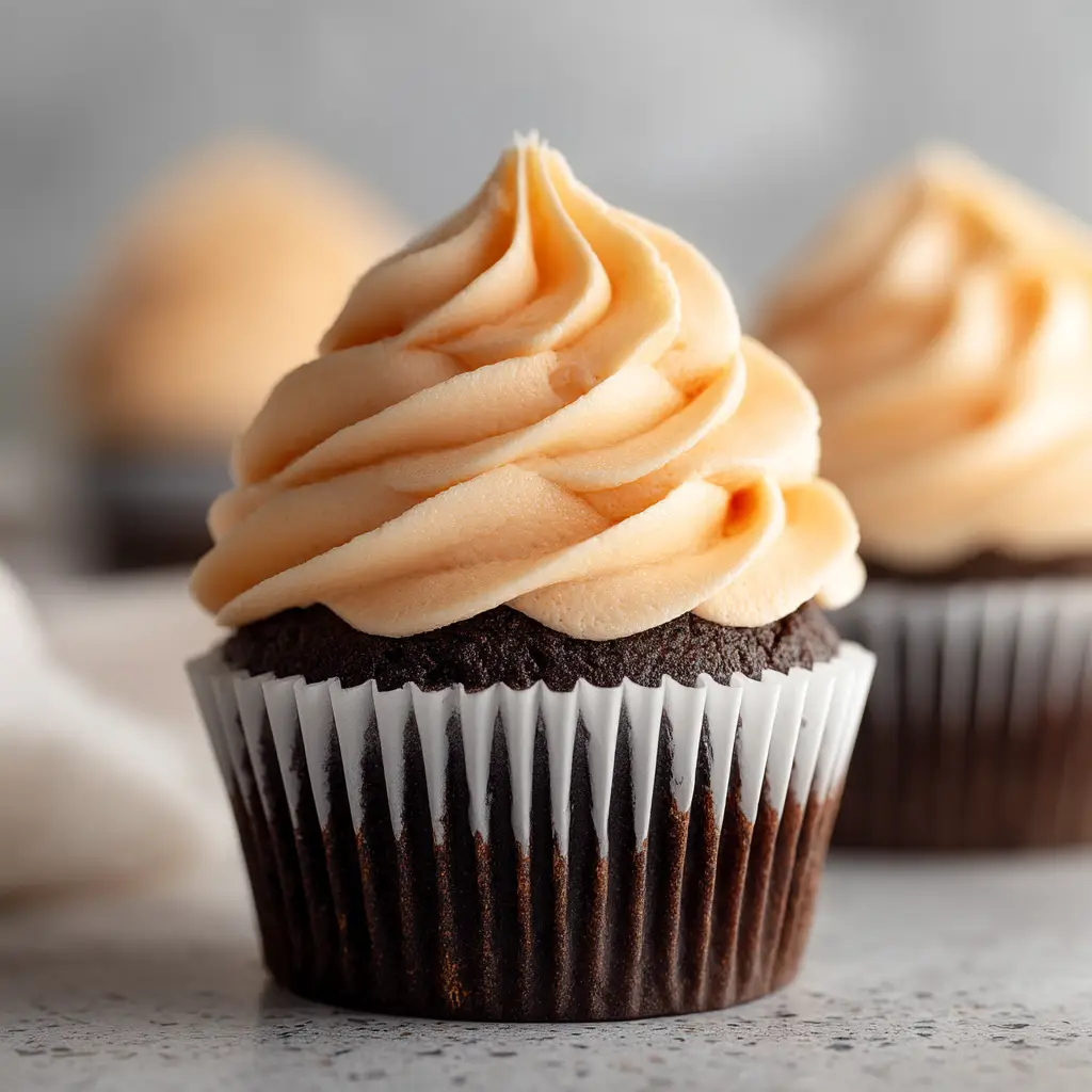 A close-up shot of fluffy vanilla pudding buttercream frosting being swirled onto a vanilla cupcake with a piping tip.