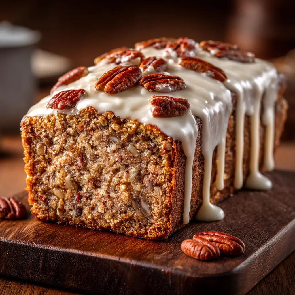 The golden-brown crust of the freshly baked butter pecan cake loaf before the glaze is applied.