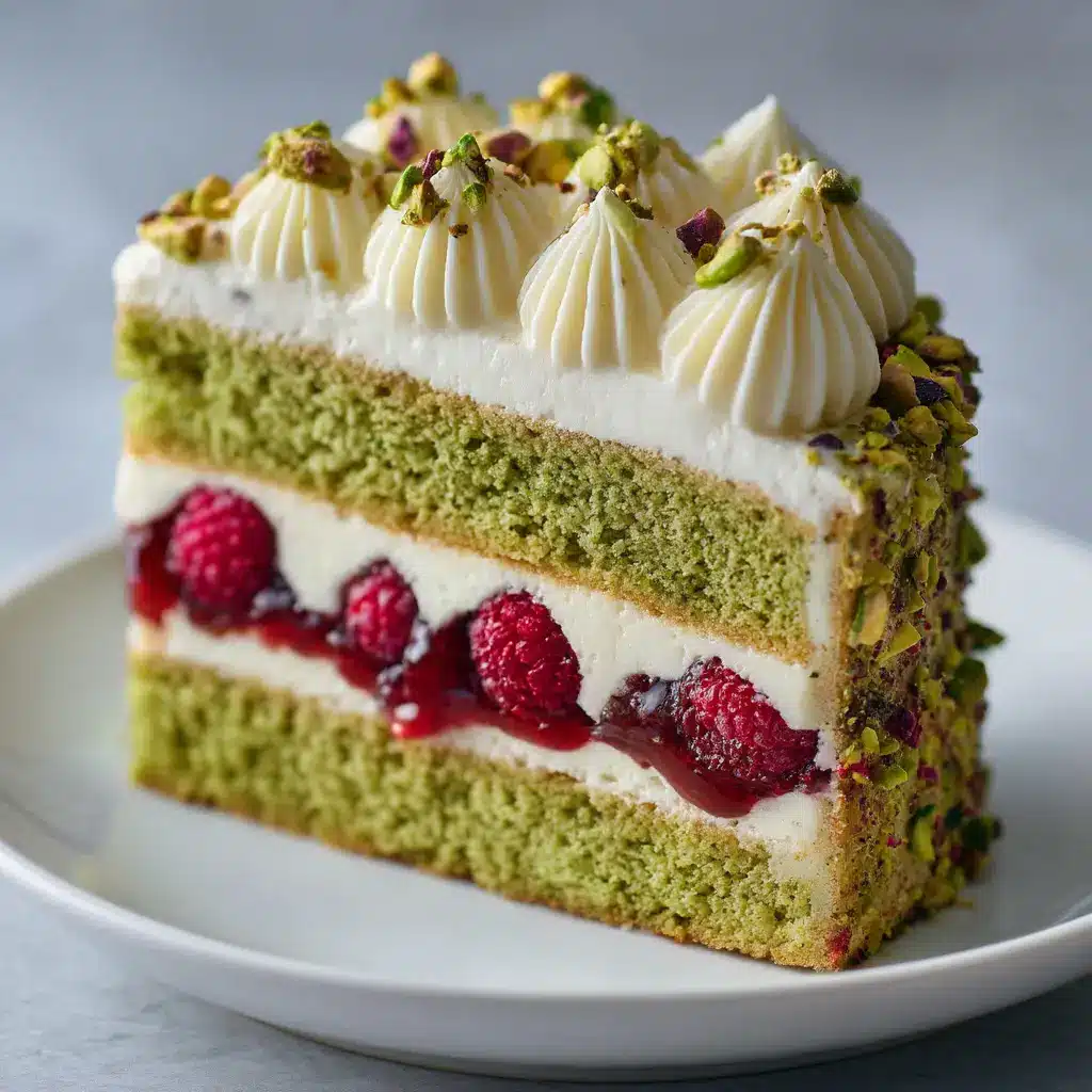 Pistachio Raspberry Cake: A Stunning Layered Dessert 1 The process of frosting the pistachio raspberry cake with creamy pistachio buttercream using an offset spatula.