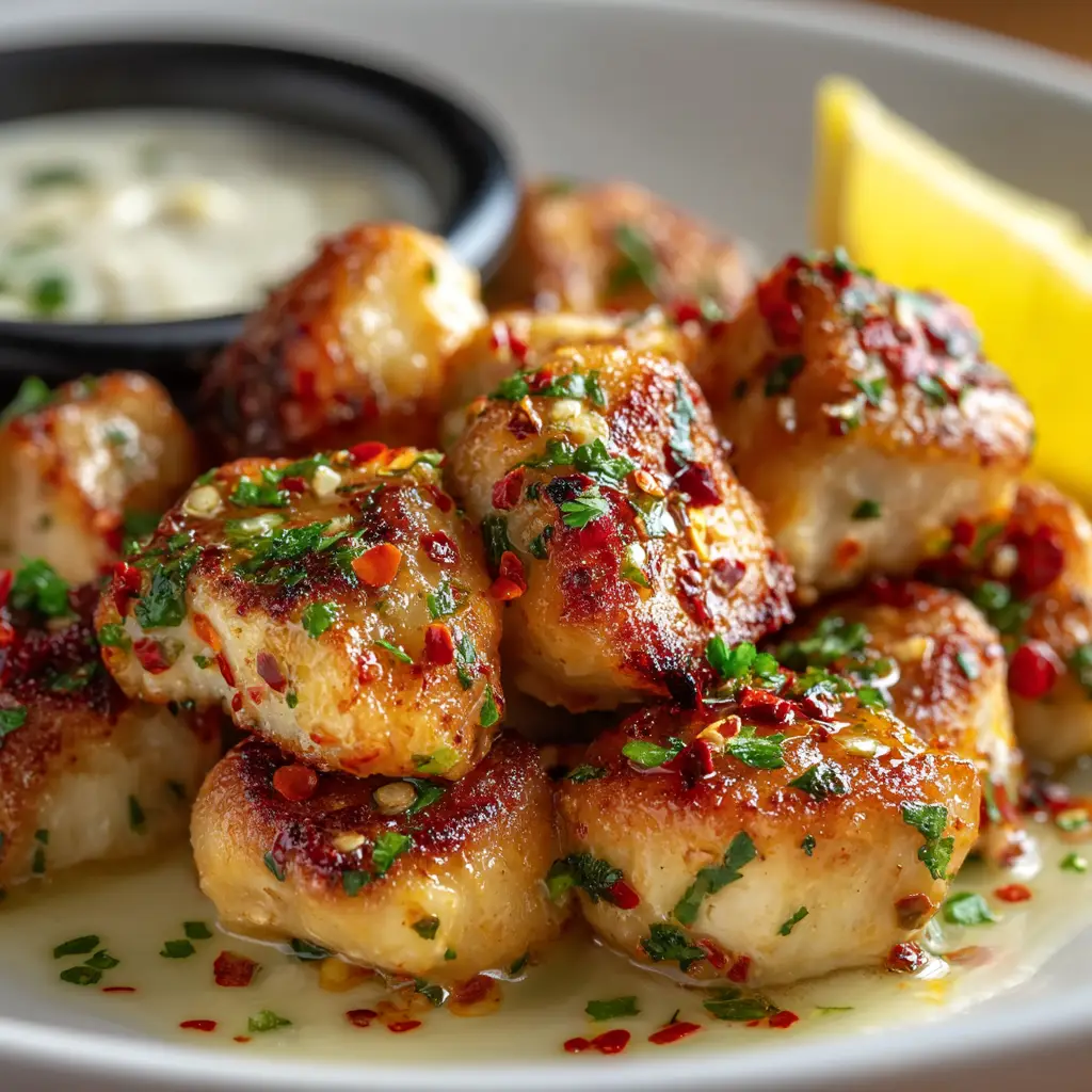 Cowboy Butter Chicken Bites: The Ultimate 25-Minute Meal 2 An extreme close-up of a single golden-brown seared chicken bite, glistening with cowboy butter sauce and herbs.