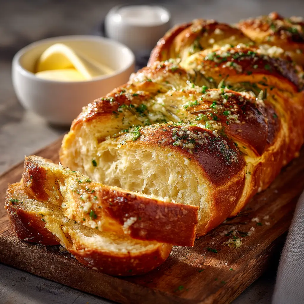 Extreme close-up shot of the golden crust of homemade garlic herb bread, sprinkled with parmesan cheese and chopped herbs.