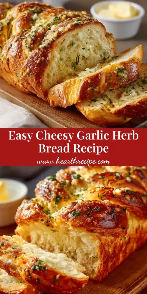 A beautiful loaf of freshly baked Garlic Parmesan Herb Bread on a wooden board, with a slice cut to show the soft interior.