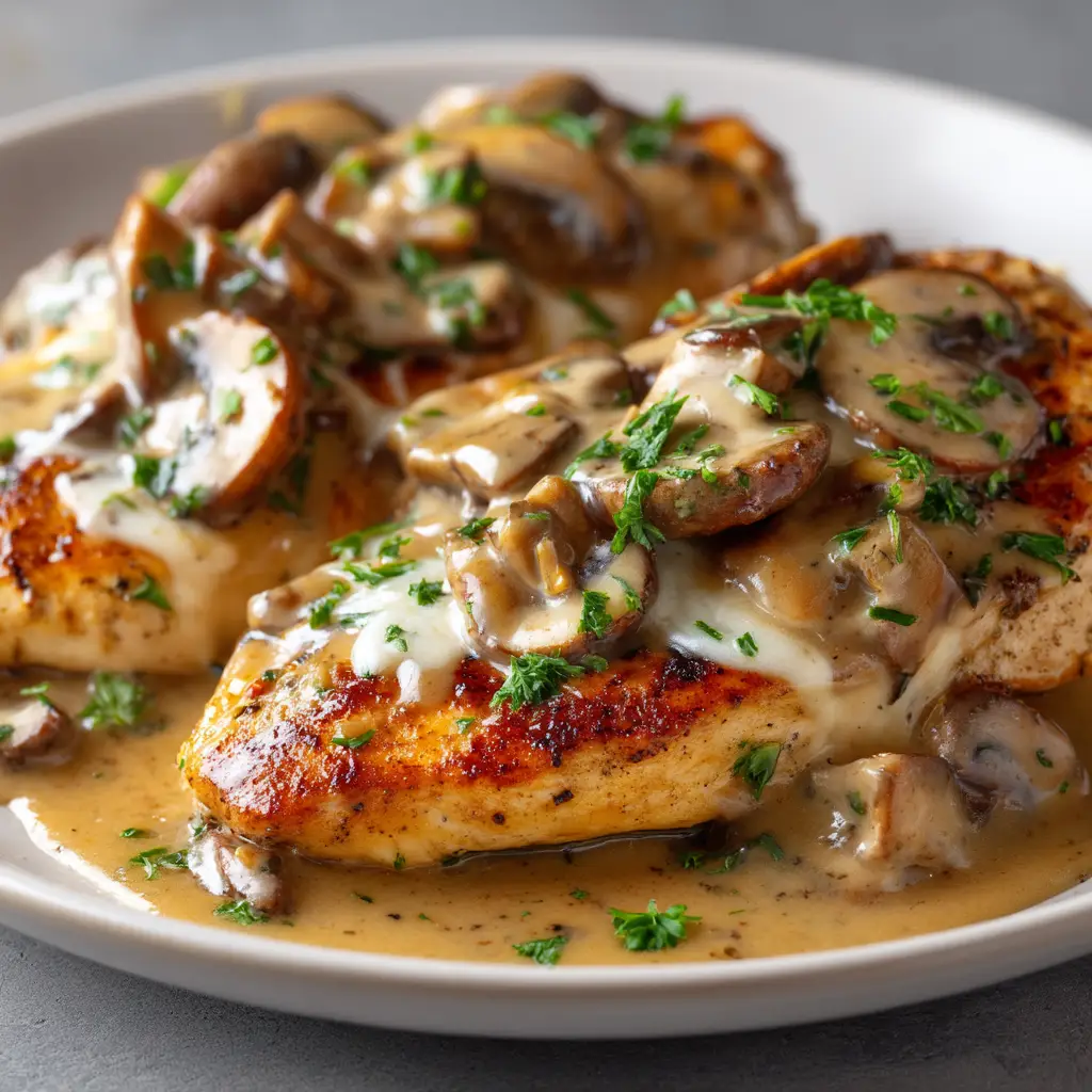 A serving of the grilled chicken with cheese and mushrooms on a plate, garnished with fresh parsley to show the final dish.