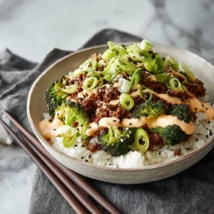 A close-up view of the ground beef and broccoli rice bowl, highlighting the tender beef and crisp broccoli florets in a savory sauce.