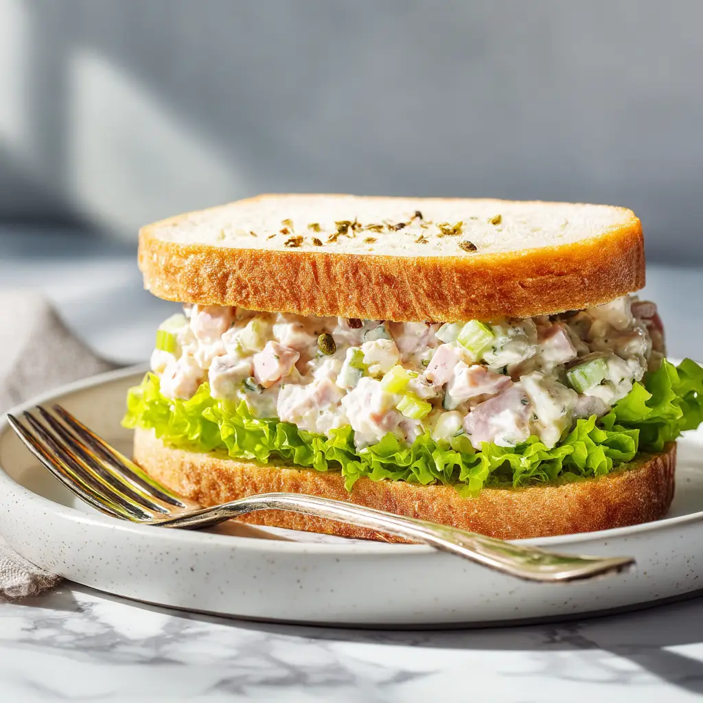 A bowl of deli-style ham salad next to the ingredients used to make it: ham, celery, onion, and mayonnaise.