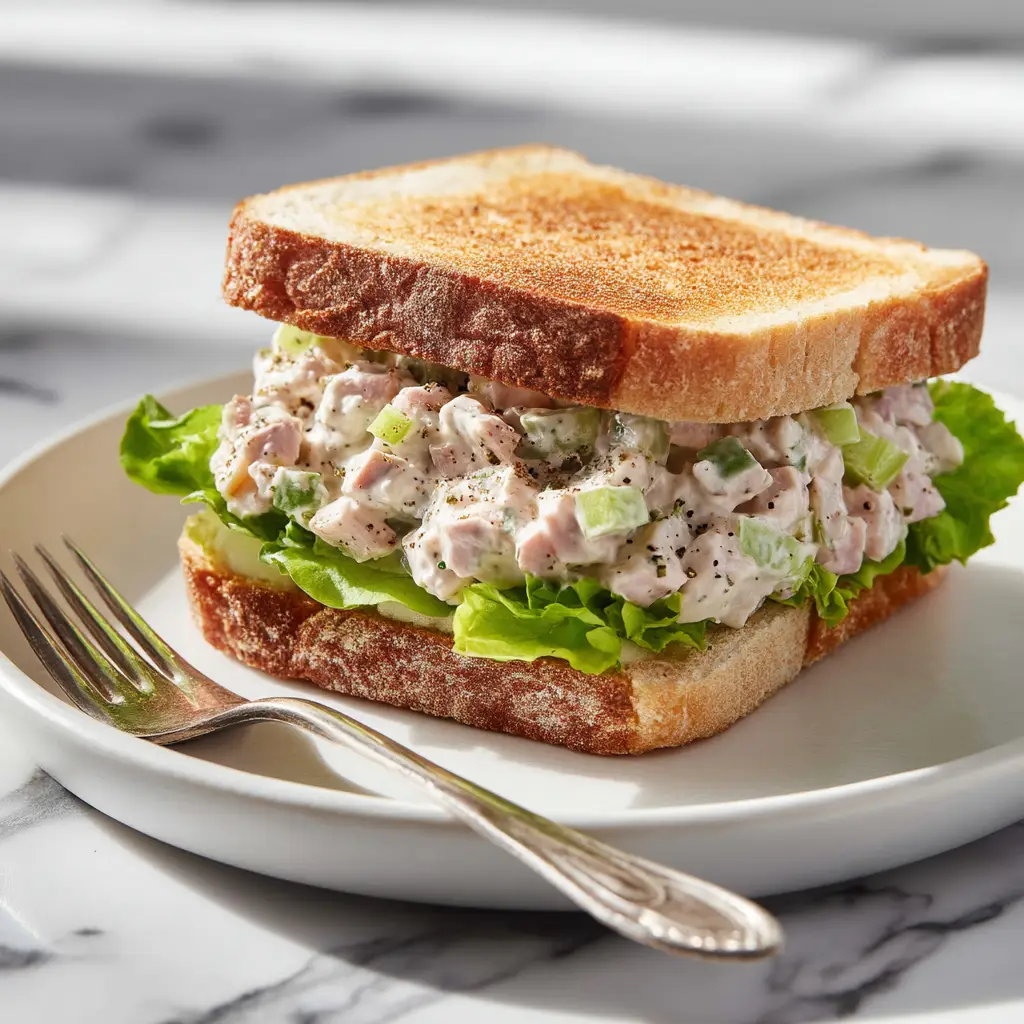 A delicious ham salad sandwich made with our classic ham salad recipe, served on white bread with a side of pickles.