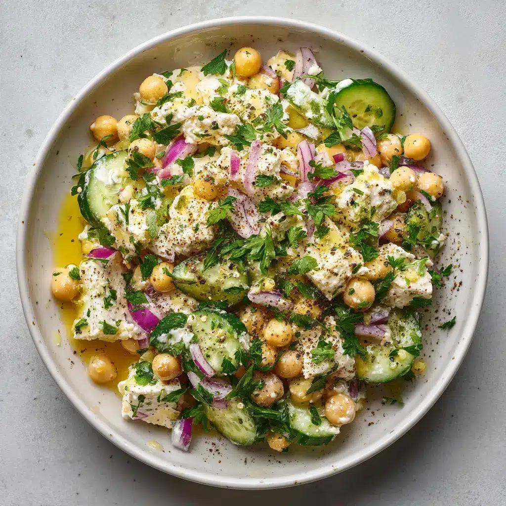 A bowl of healthy cottage cheese and chickpea salad with fresh herbs and crisp vegetables, ready for a delicious meal prep lunch.