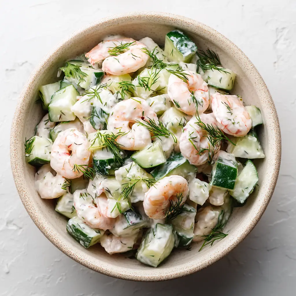 A close-up overhead shot of a creamy cucumber shrimp salad in a white bowl, showing the texture of the shrimp, cucumbers, and dill dressing.