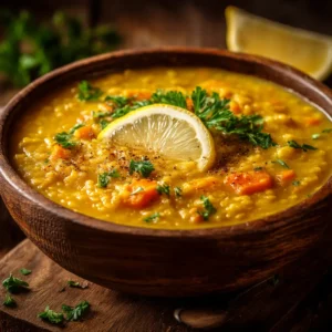 A close-up shot of the healthy lemon lentil soup, showing the texture of the red lentils, carrots, and spinach.