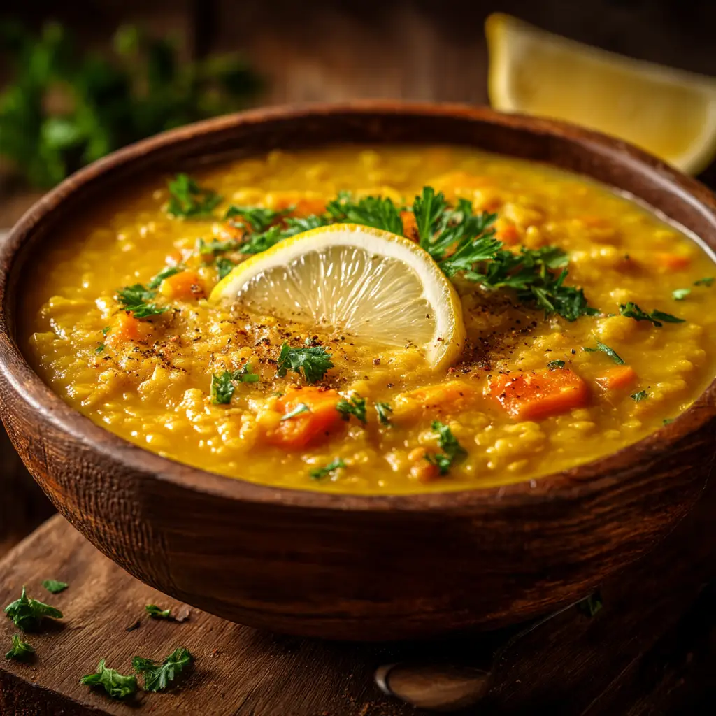 A close-up shot of the healthy lemon lentil soup, showing the texture of the red lentils, carrots, and spinach.
