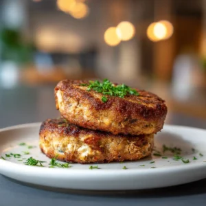 Two thick, golden-brown pan-fried tuna cakes resting on a rustic plate, highlighting their perfectly cooked texture.