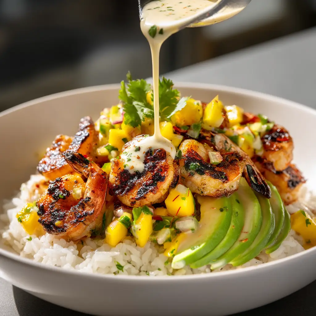 A close-up action shot of creamy cilantro-lime dressing being drizzled over a healthy shrimp bowl with fresh avocado.