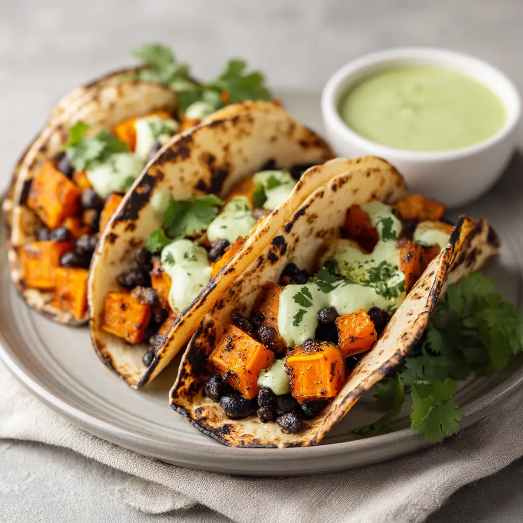 A different angle of the sweet potato tacos, showing the colorful ingredients like black beans and avocado crema inside a warm corn tortilla.