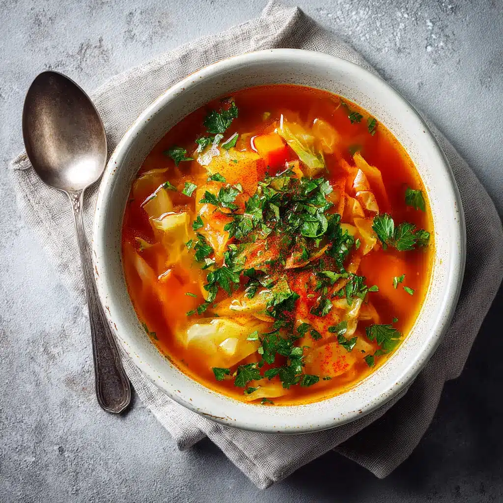 An overhead shot of a rustic white ceramic bowl filled with healthy weight loss soup, showcasing the colorful vegetables.