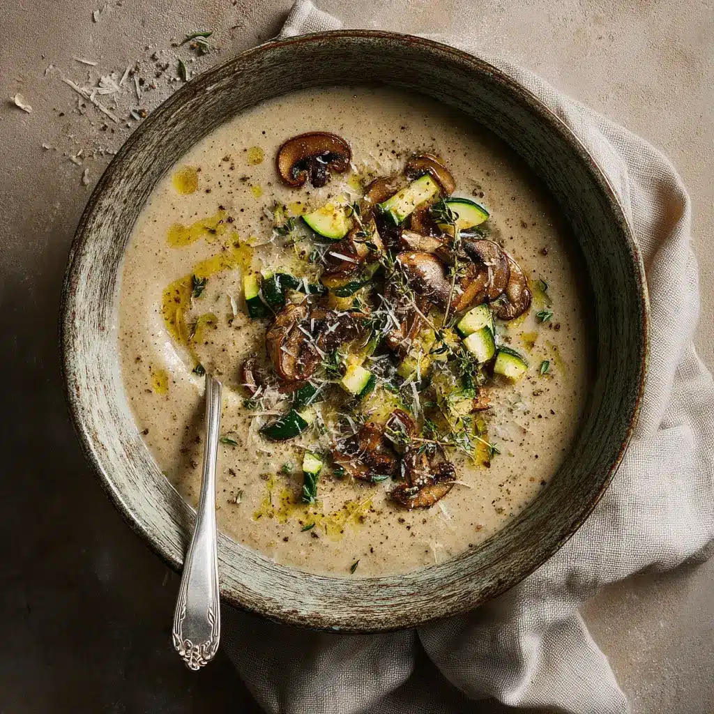 A close-up shot showing the texture of the hearty vegetable soup, with chunks of eggplant, zucchini, and peppers.