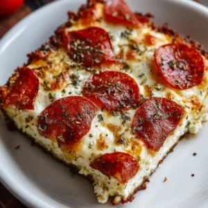 An overhead shot of the high-protein pizza bake fresh from the oven, with bubbly mozzarella cheese and crisp pepperoni.