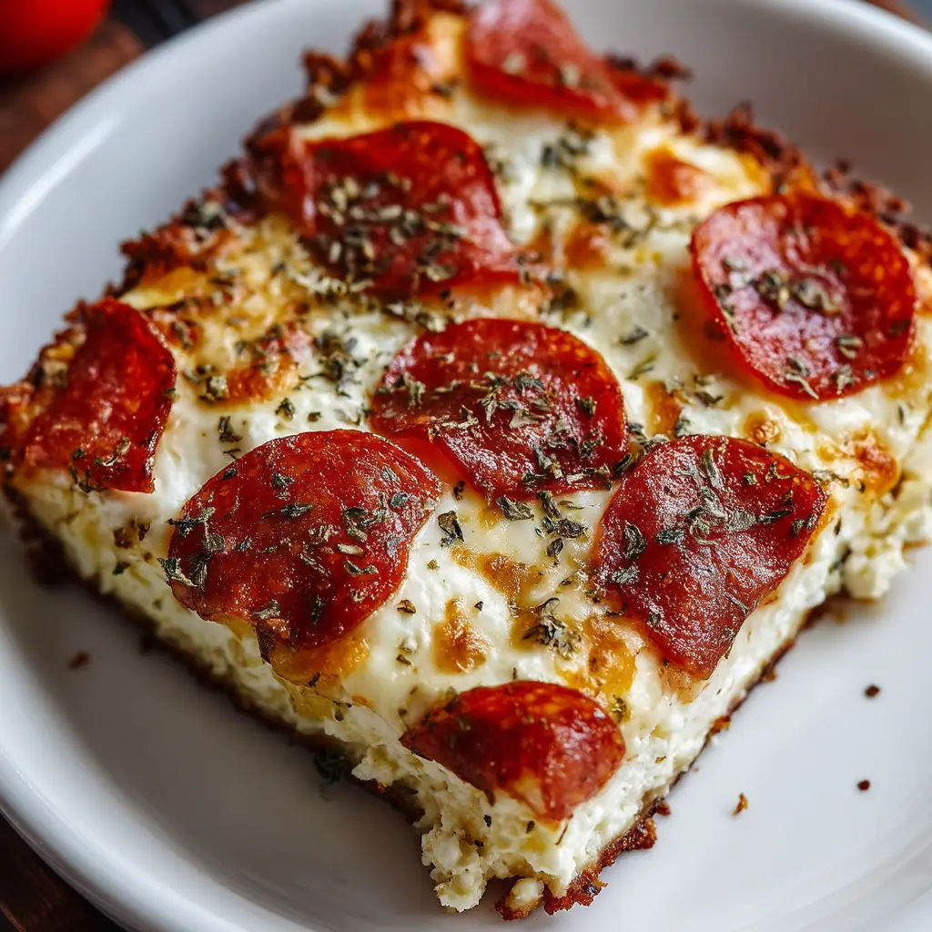 An overhead shot of the high-protein pizza bake fresh from the oven, with bubbly mozzarella cheese and crisp pepperoni.