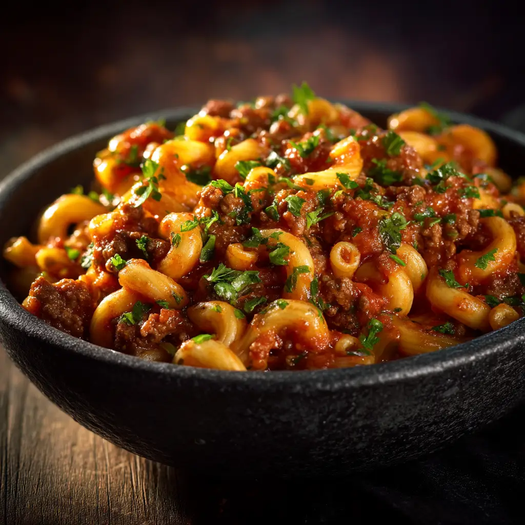 A close-up shot of homemade beefaroni in a white bowl, garnished with fresh parsley. The texture of the ground beef and cheesy sauce is visible.