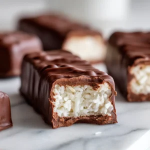A close-up hero shot of a homemade Bounty bar, cut in half to show the rich coconut filling.