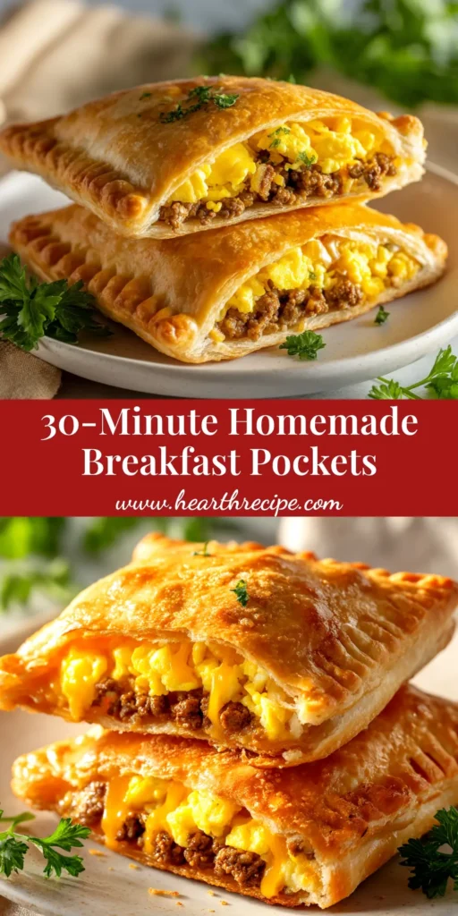 A stack of two golden-brown Homemade Breakfast Hot Pockets with a bite taken out, showing the cheesy egg and bacon filling. Perfect for a quick and easy breakfast.