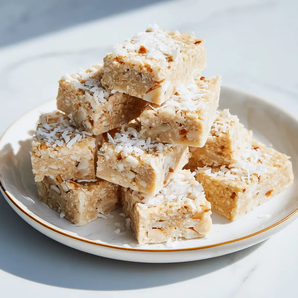 A close-up shot of a single coconut vanilla protein bar, showing its chewy texture with oats and shredded coconut.