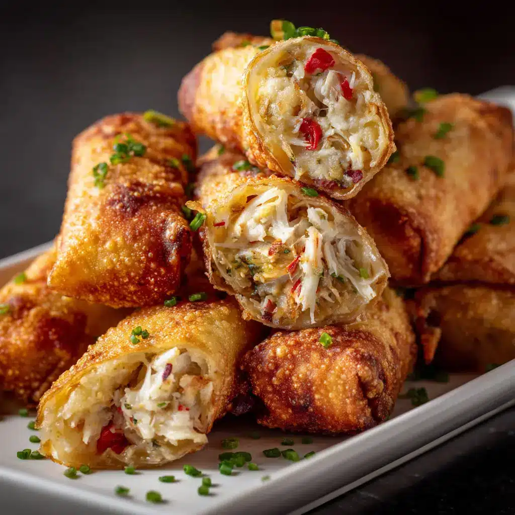 A close-up shot of several homemade crab cake egg rolls piled on a plate, showcasing their perfectly crispy and bubbly texture.