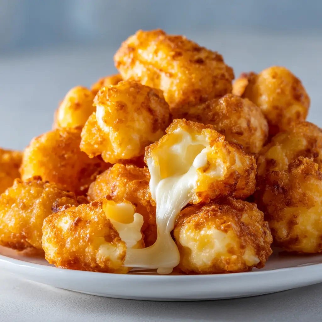 A pile of freshly fried homemade cheese curds on a wire rack, glistening under the light.