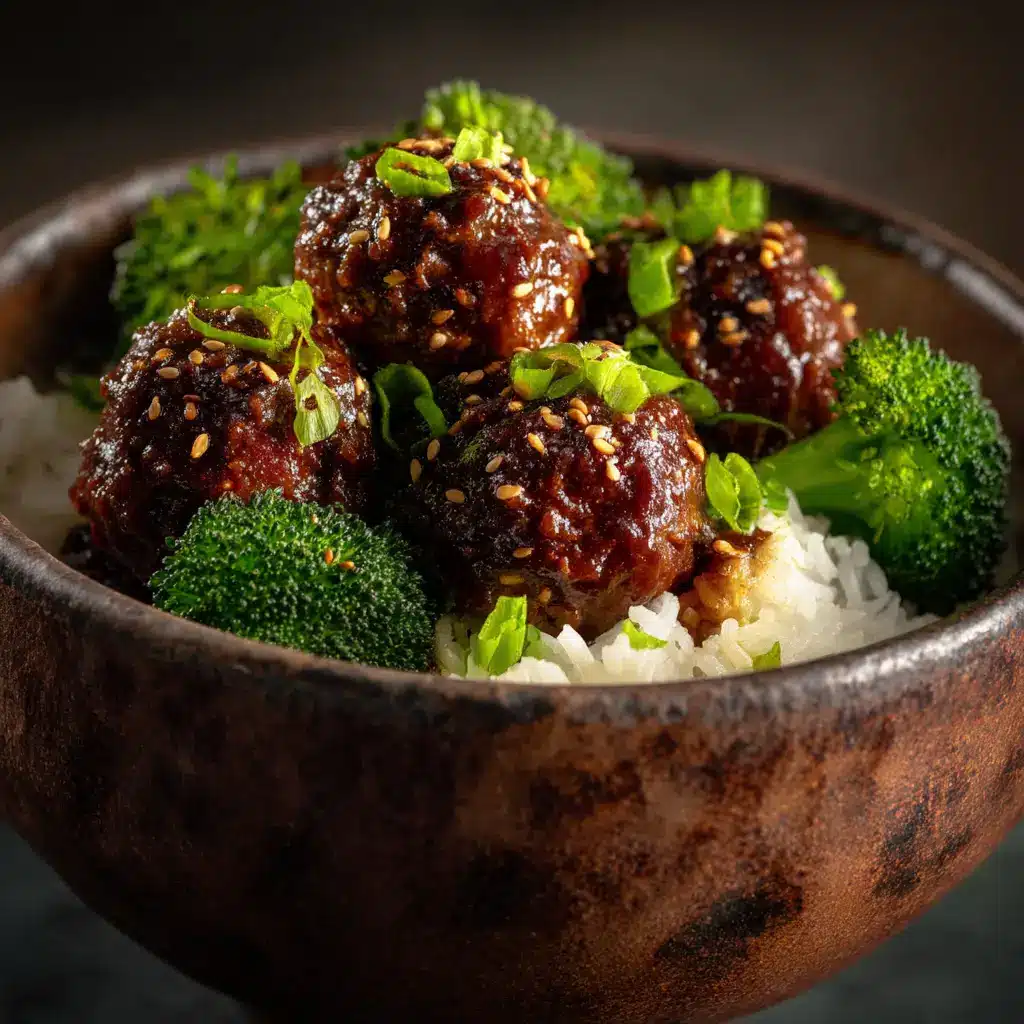 A rustic ceramic bowl filled with homemade Mongolian meatballs, smothered in a sweet and savory sauce and ready to be served.