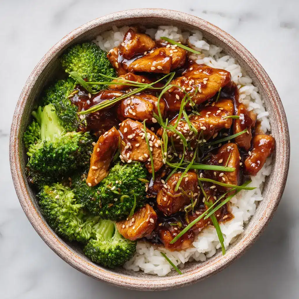 Teriyaki Chicken Bowl: Better Than Takeout in 30 Minutes 2 An overhead view of a homemade teriyaki chicken bowl with fresh broccoli, carrots, and fluffy white rice in a ceramic bowl.