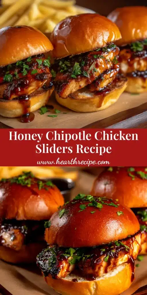 A close-up overhead shot of baked Honey Chipotle Chicken Sliders in a baking dish, showing melted cheese and golden-brown tops.