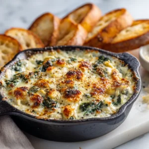 A rustic baking dish filled with hot spinach dip, with a spoonful being lifted out showing its creamy texture.