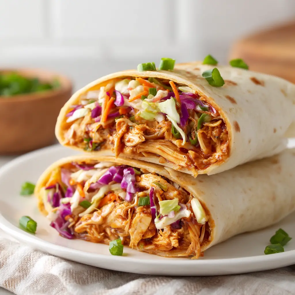 Two flour tortillas filled with tangy coleslaw and shredded BBQ chicken, ready to be rolled. This image shows the ingredients before the wrap is assembled.