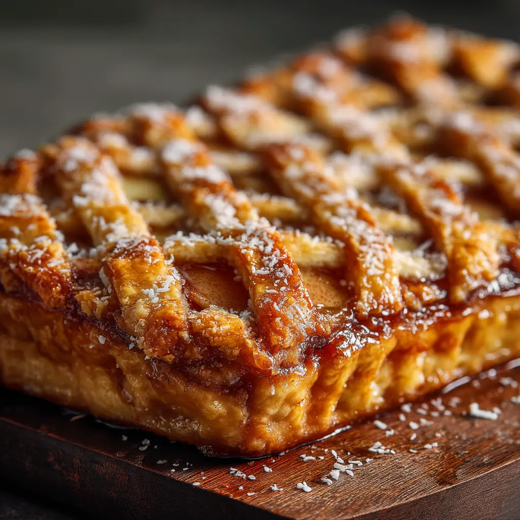 The apple slab pie filling being spread evenly over the bottom pie crust in a rectangular baking pan before baking.