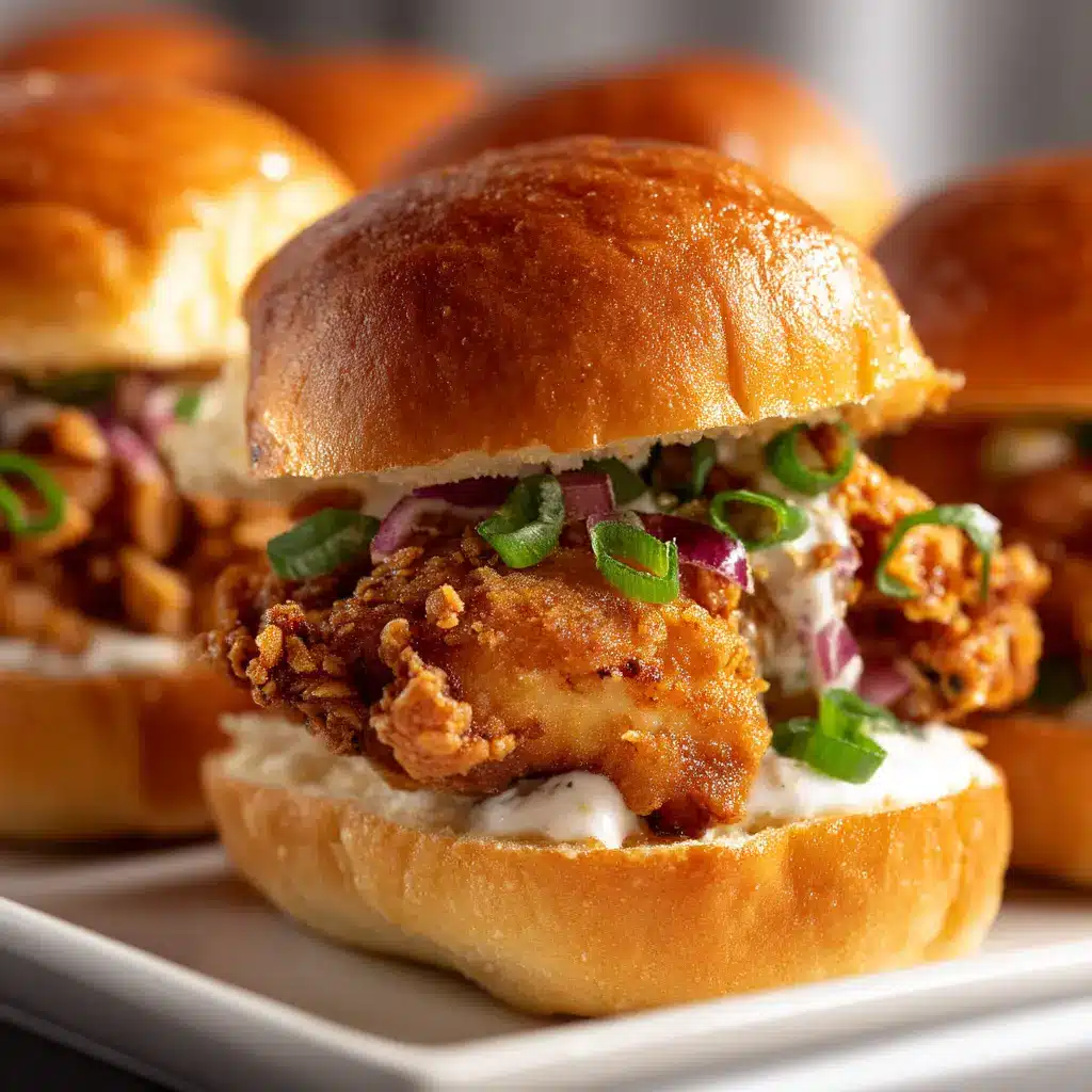 A step-by-step process shot showing a hand dredging a piece of chicken in a seasoned flour mixture before frying for the sliders.