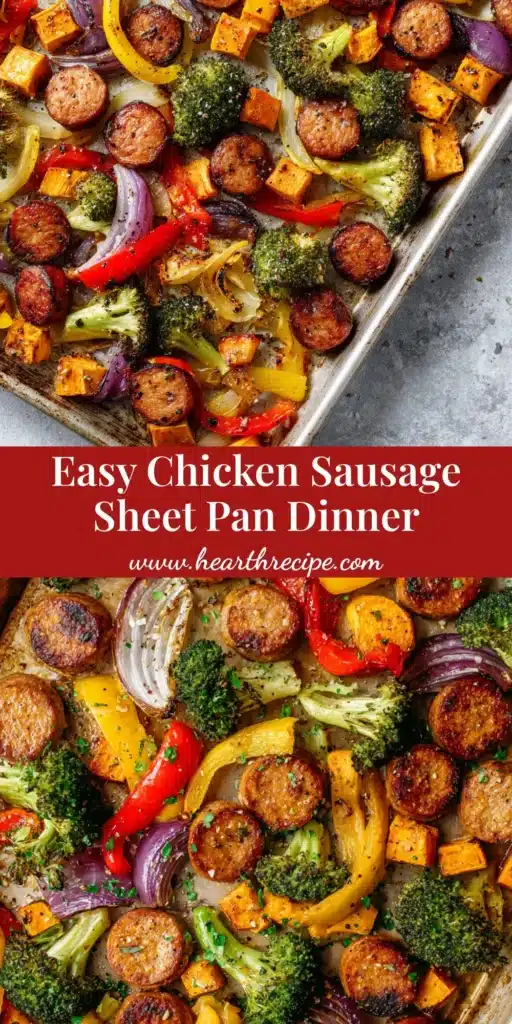 A close-up overhead shot of a freshly baked Chicken Sausage Sheet Pan Dinner densely packed with caramelized sausage and blistered vegetables on an aluminum baking tray.