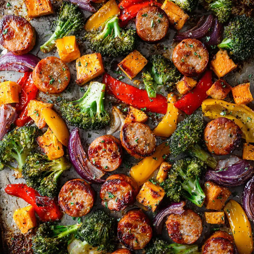Tossed and seasoned Chicken Sausage Sheet Pan Dinner lightly glistening with an olive oil coating, ready for the oven.
