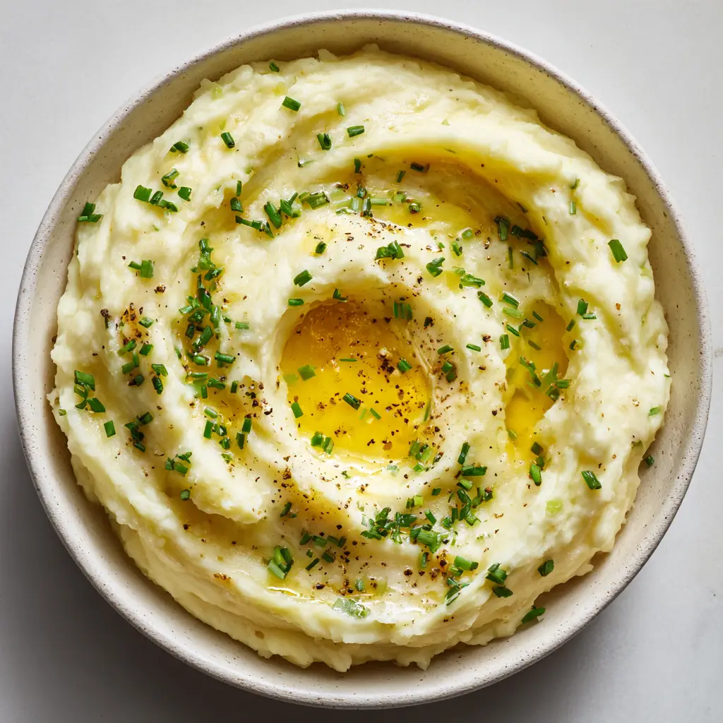 Thick creamy mashed potatoes in a rustic white bowl showing prominent peaks and fluffy swirls.