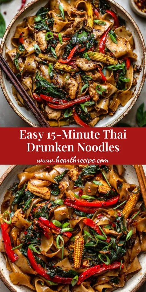 Authentic Thai Drunken Noodles Recipe (Pad Kee Mao) 3 A close-up overhead shot of a rustic ceramic bowl filled with authentic Thai Drunken Noodles featuring wide flat rice noodles, charred edges, dark brown glossy soy sauce, red bell pepper strips, baby corn, dark green wilted Thai basil, crushed red chili flakes, sliced scallions, and seared chicken pieces.