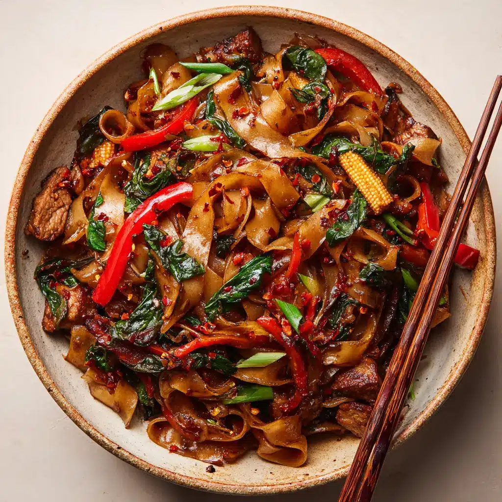 Authentic Thai Drunken Noodles Recipe (Pad Kee Mao) 1 Overhead shot of Thai Drunken Noodles in a rustic ceramic bowl showing glossy brown sauce, charred noodle edges, and wilted Thai basil.