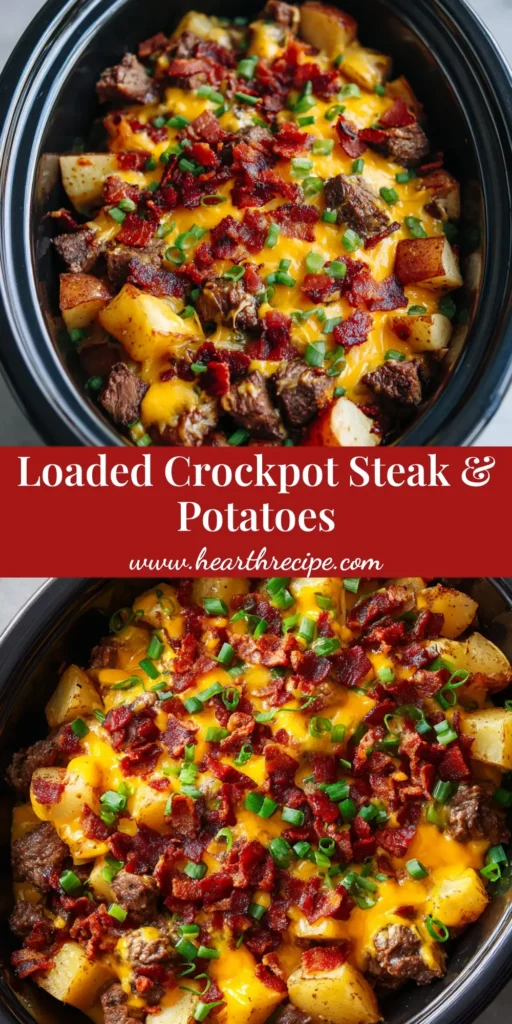A top-down view of a black slow cooker filled with Crockpot Steak and Potatoes, topped with glossy melted cheddar, crispy bacon, and scallions.