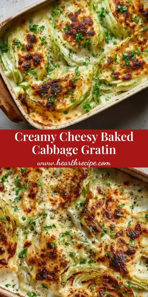 Close up overhead shot of a cheesy cabbage gratin in a rustic rectangular ceramic baking dish.